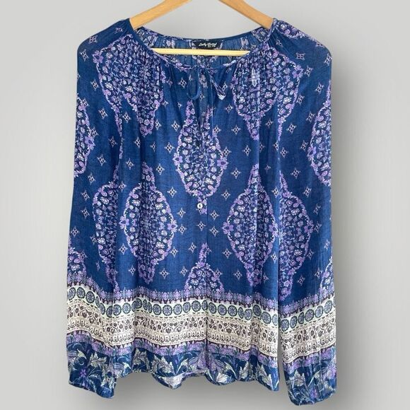 LUCKY BRAND‎ Navy Blue & Lavender Bohemian Print Long-Sleeve Peasant Top, XS/SM - Picture 1 of 8